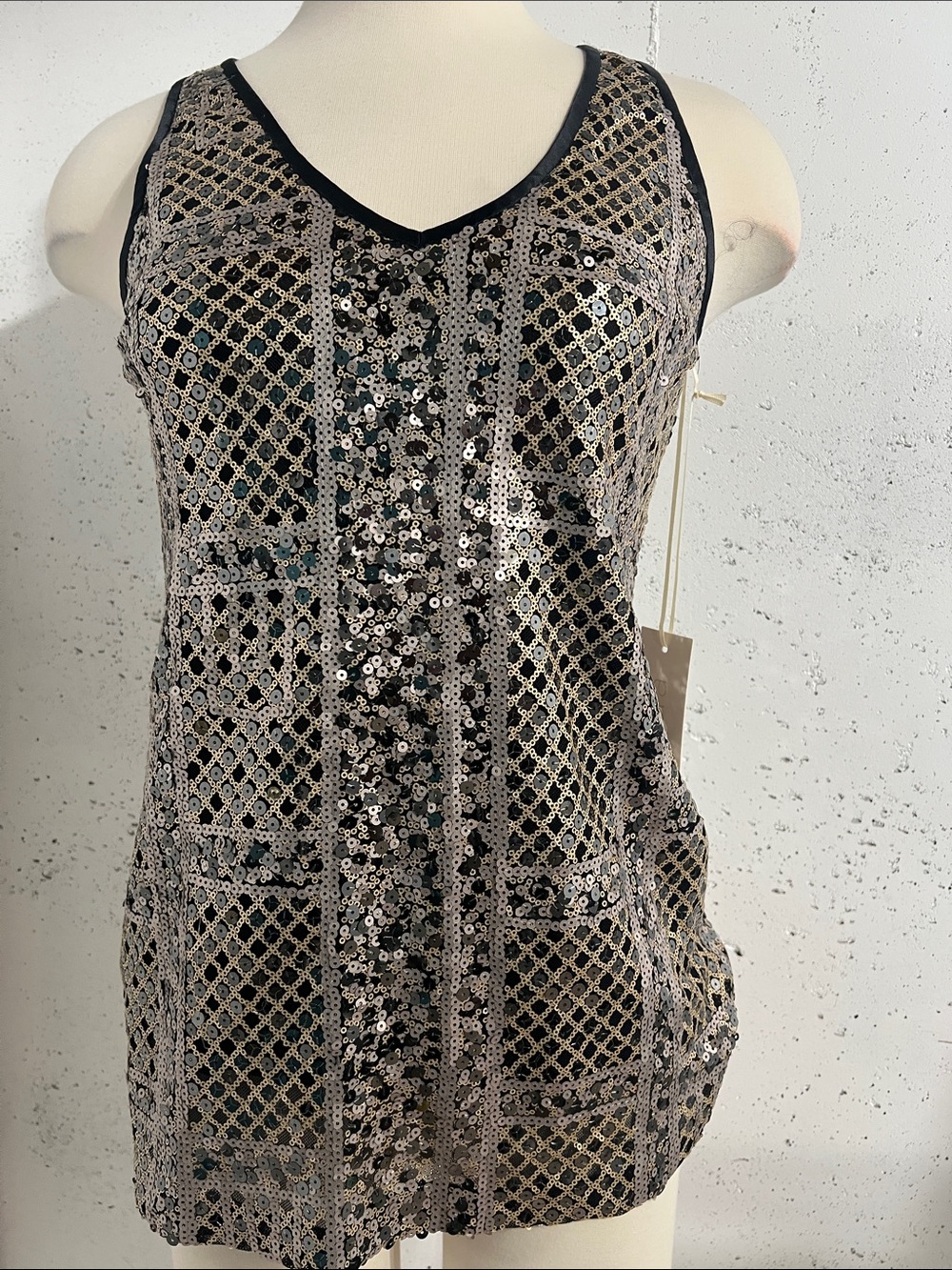 Black Tank Top with Silver Sequin Lattice